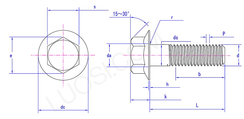 Hexagon head bolts with flange structure diagram Hexagon head bolts with flange structure diagram